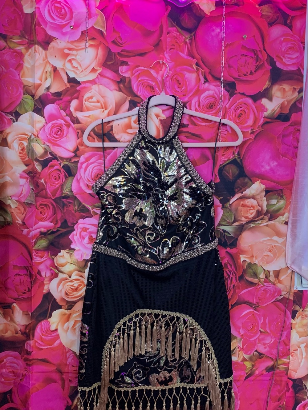 Black Sequined Fringe Halter Dress